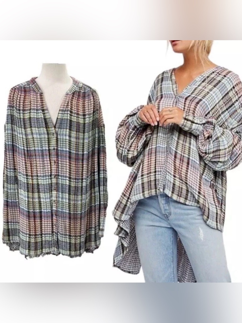 Free People Plaid Oversized Flannel Shirt - Colorful Checkered Boho Top -Size XS
